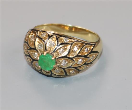 A yellow metal, emerald, diamond and black enamel domed top dress ring, size M/N.